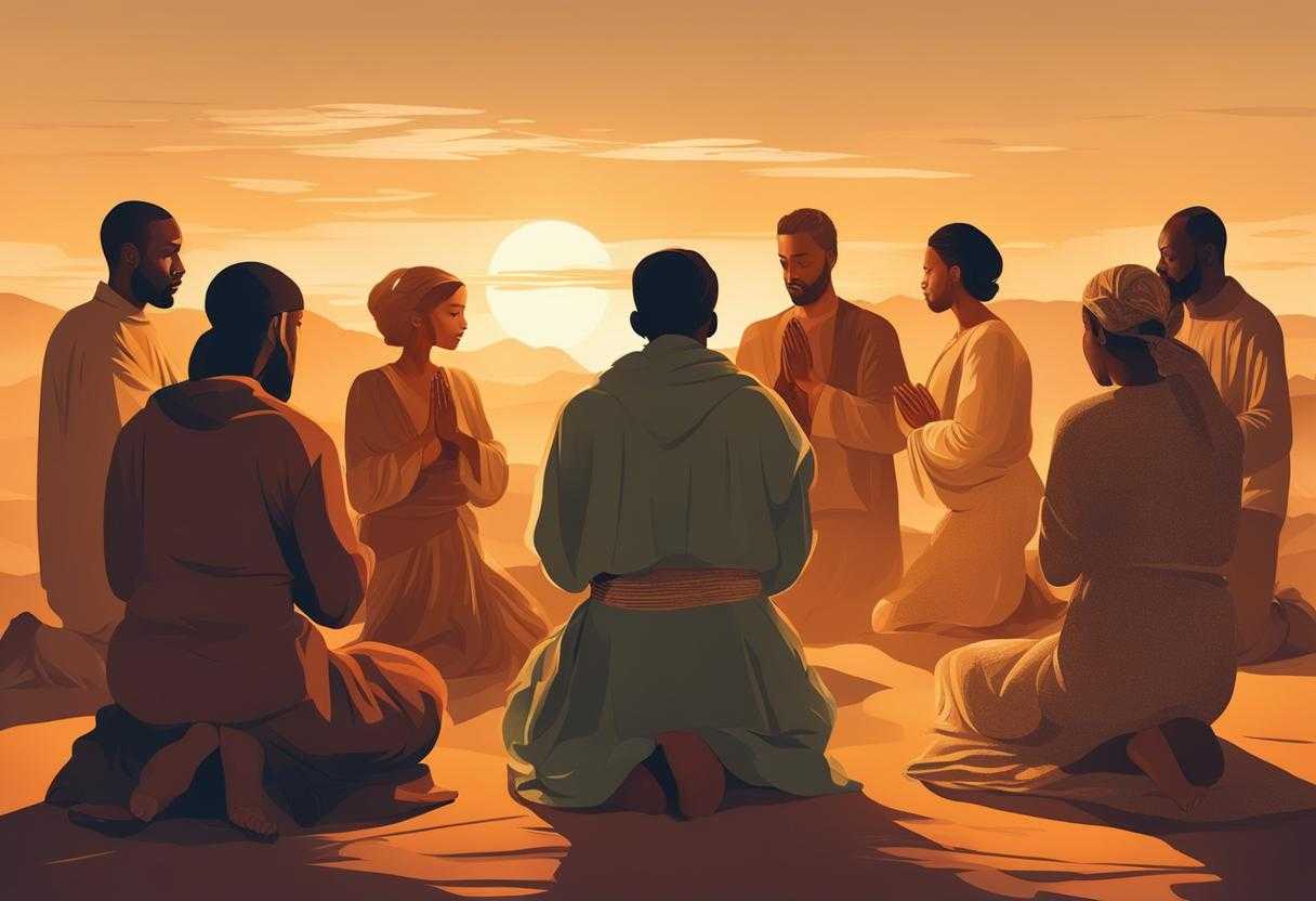 A-diverse-group-of-people-in-prayer-at-sunset-hands-clasped-faces-serene-in-unity_zurc