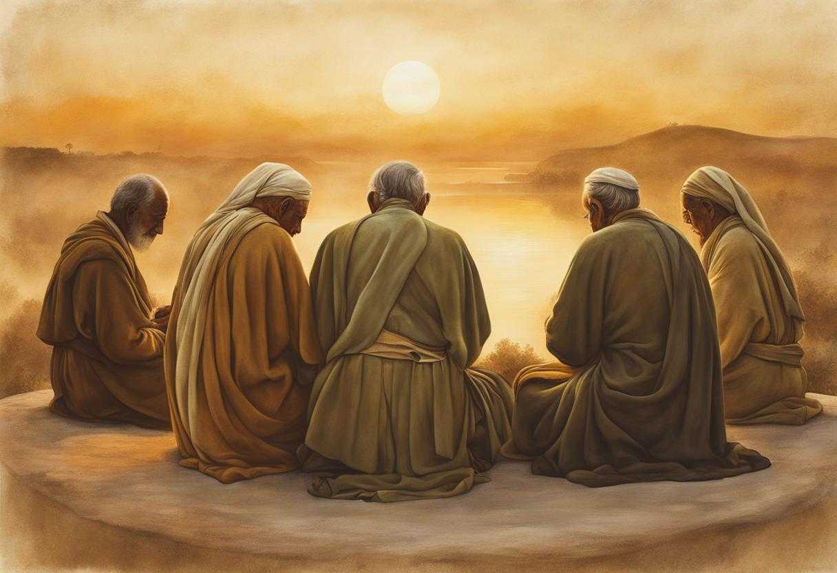 Elders-in-a-circle-at-sunset-heads-bowed-in-reverence-hands-clasped-in-unity_vhgz