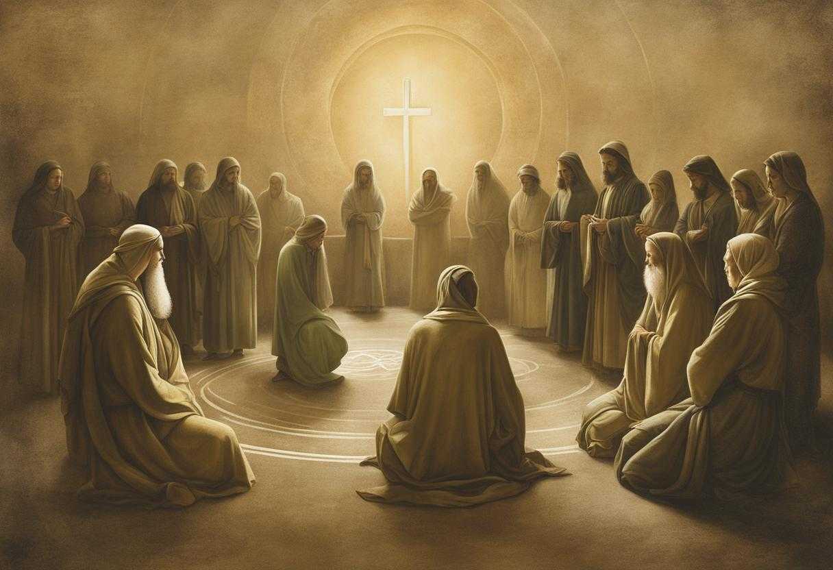 Group-in-circle-heads-bowed-serene-glow-closing-prayer-spiritual-connection-poignant-moment_zzfr