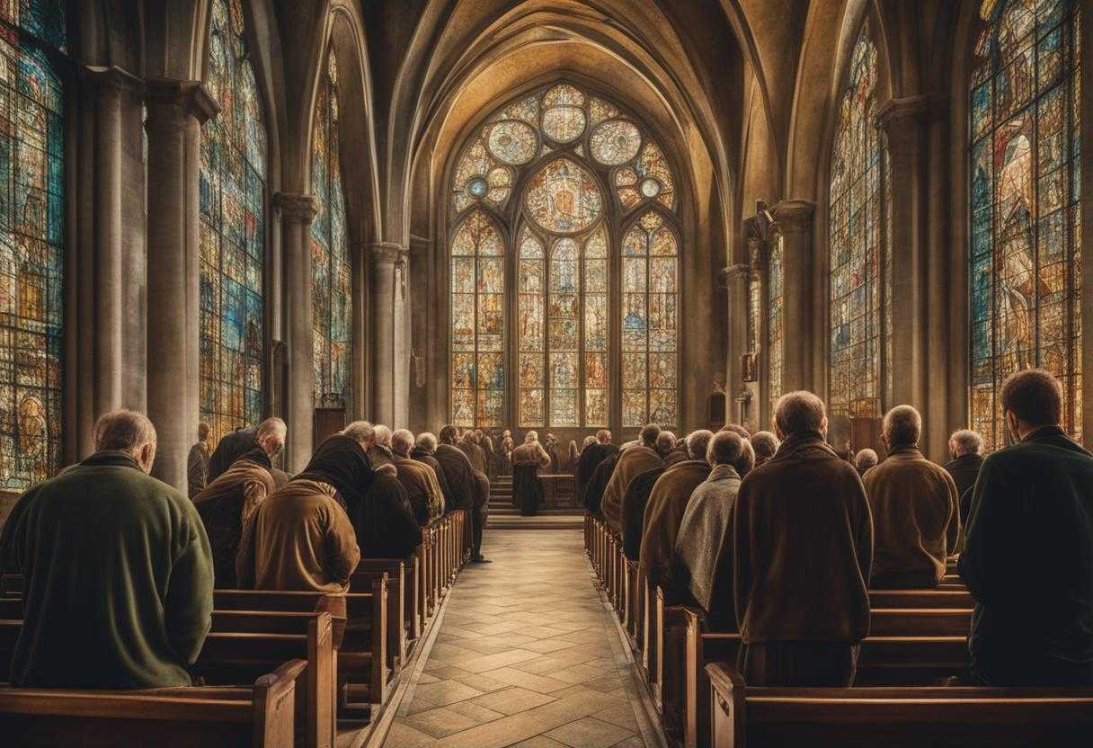 People-in-a-church-heads-bowed-in-prayer-surrounded-by-stained-glass-windows_ebdf